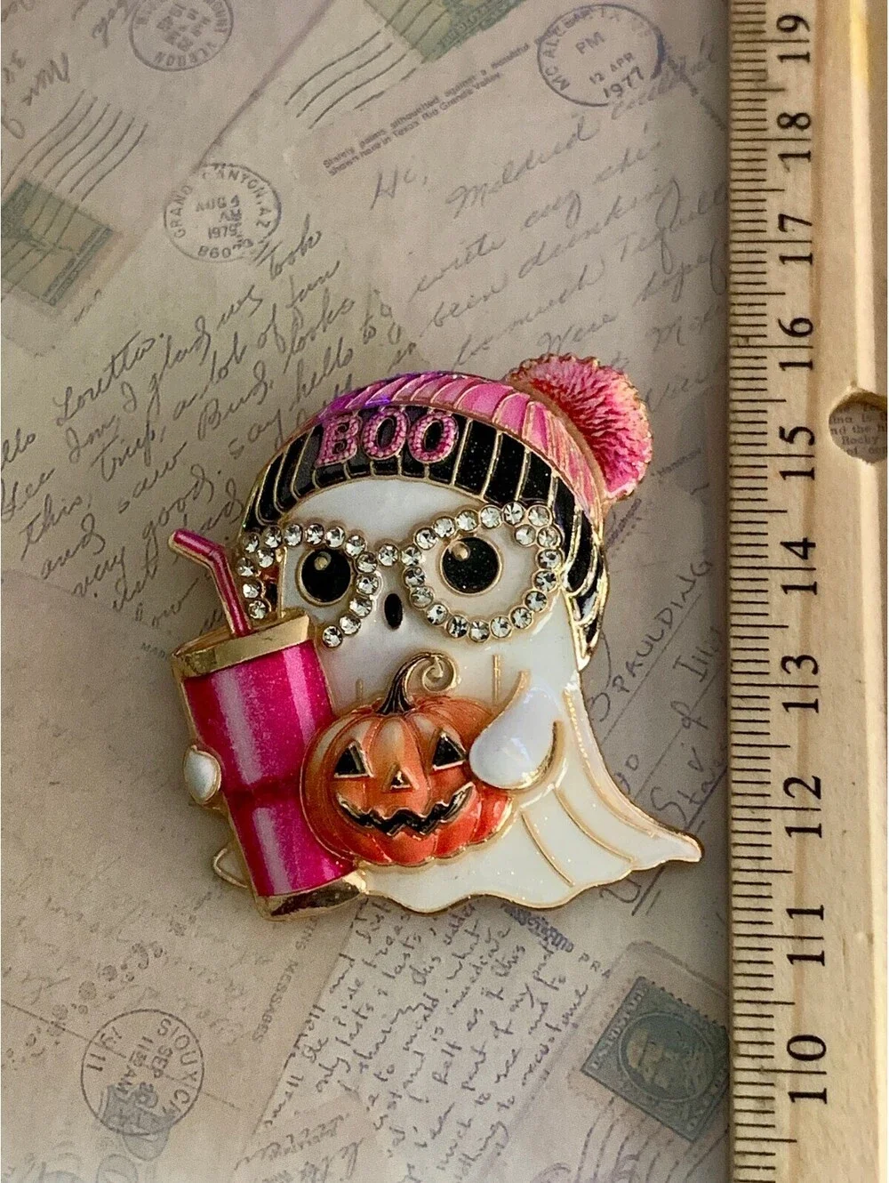Cute Halloween Ghost Brooch with Pumpkin & Pink 'Boo' Beanie Hat Brooch